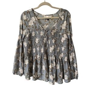 AE Ditzy fairy Floral Chiffon Top M Sheer Smocked Boho Prairie Maiden Blue White
